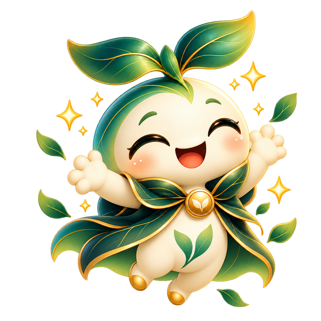 Enku jumping with arms raised among sparkles, celebrating