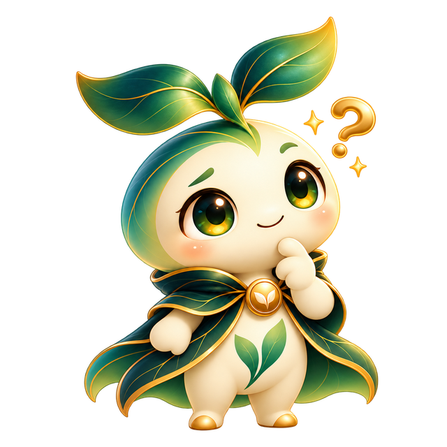 Enku with a hand on its chin and a small question mark, thinking