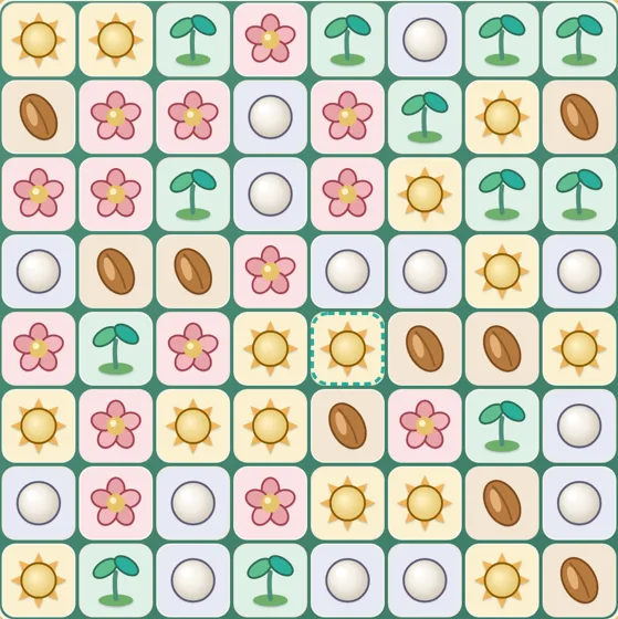 A real Enku Bloom board: rows of seeds, sprouts, flowers, pearls and suns on a green garden grid.