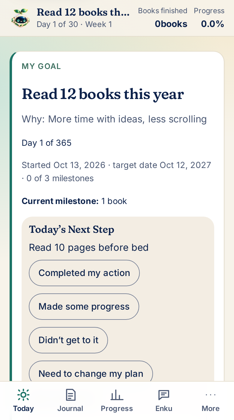 The Today screen with the goal card and Today’s Next Step.