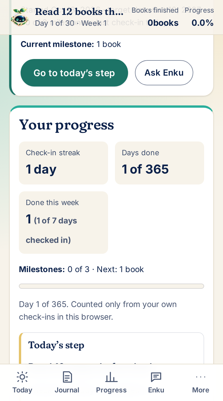The Your progress panel after a check-in, showing a 1-day streak.